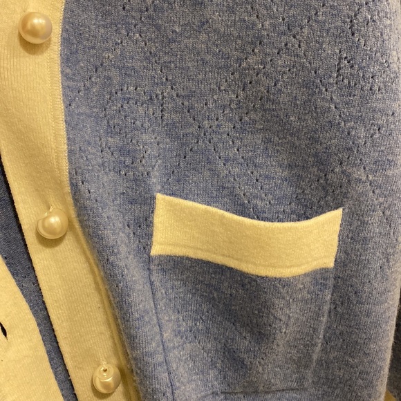 Sandro Cashmere Lucas Pointelle Stitch Light Blue White Cardigan w/Pearl Buttons - Picture 8 of 11